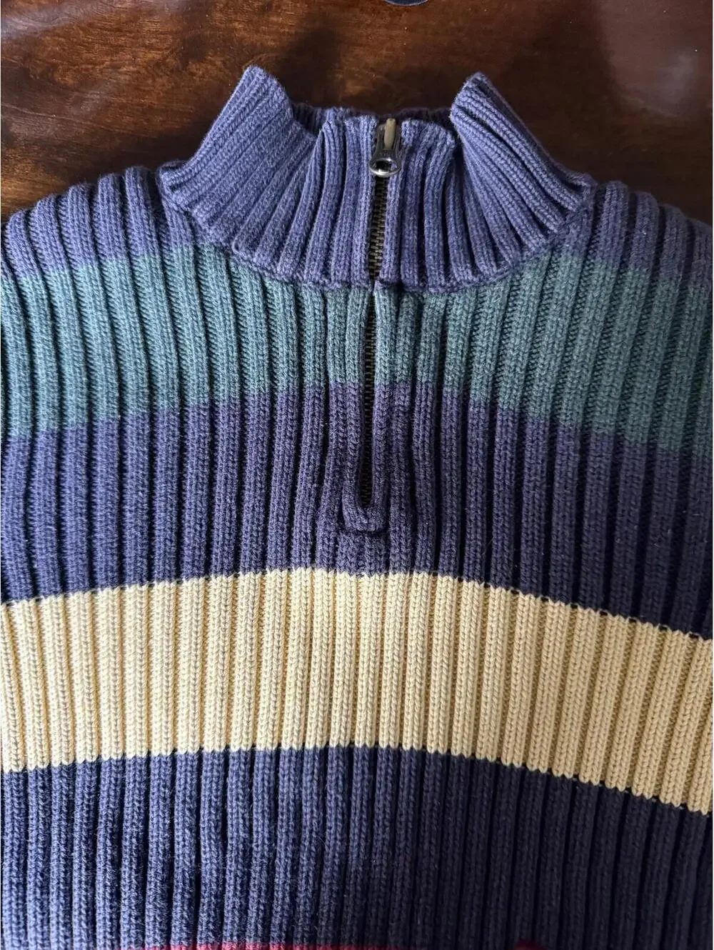 Lands' End Ribbed Half-Zip Sweater in Brown with Multicolor Stripes